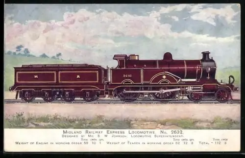 Künstler-AK Britische Lokomotive Nr. 2632 der Midland Railway, Entwurf durch S. W. Johnson, englische Eisenbahn