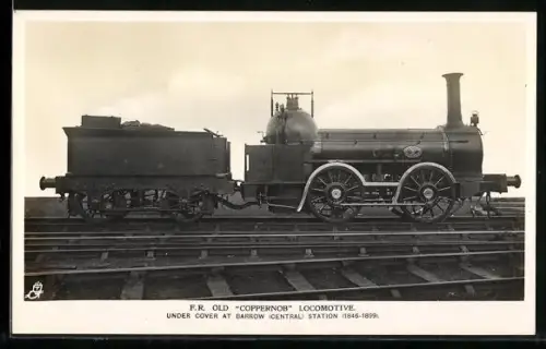 AK F.R. Old Coppernob Locomotive under cover at Barrow Central Station 1846-1899, englische Eisenbahn