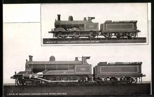 AK Britische Lokomotiven Nr. 2602 und 1400 der L. & N.W. Railway jeweils mit Tender, englische Eisenbahn