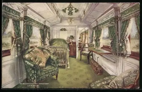 Künstler-AK His Majesty`s sleeping compartment, L. & N.W. Railway, englische Eisenbahn