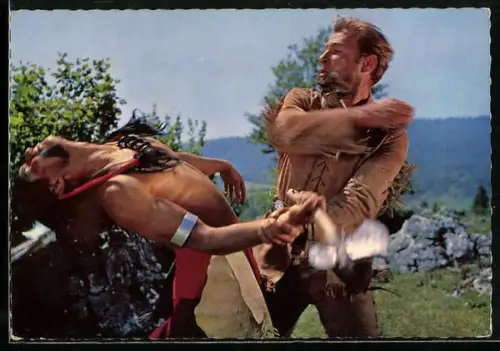 AK Lex Barker im Kampf mit einem Indianer, Szene aus  Winnetou I. Teil
