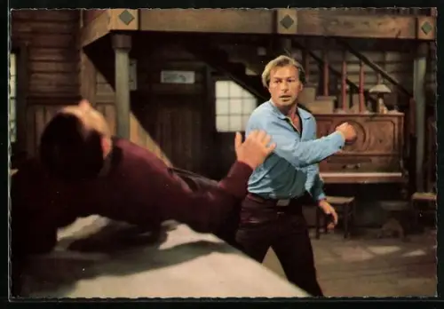 AK Schauspieler Lex Barker in einer Szene des Films Winnetou I. Teil, Da der Bauleiter Bancroft...