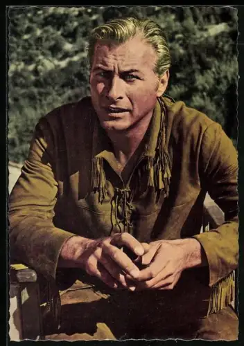 AK Filmszene aus Karl May-Film, Lex Barker als Old Shatterhand