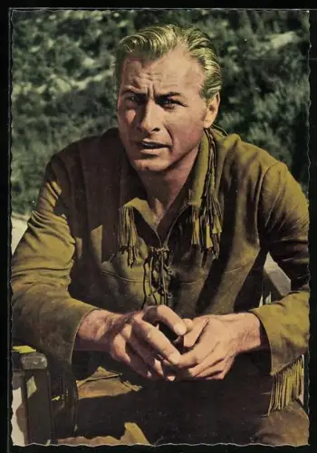 AK Filmszene aus Karl May-Film, Lex Barker als Old Shatterhand