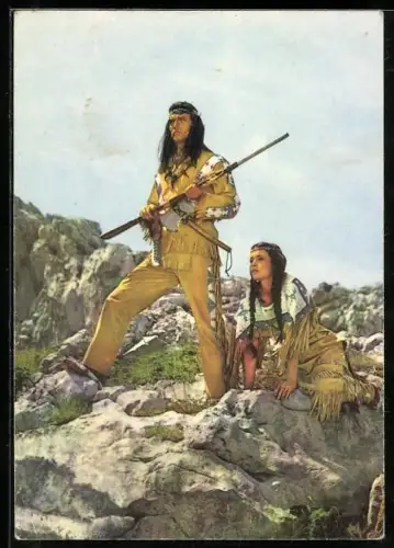 AK Film Winnetou nach Karl May, Filmszene mit Pierre Brice und Marie Versini