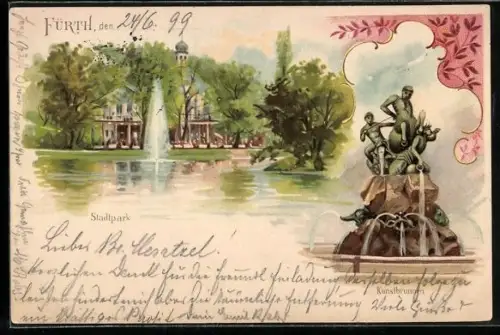 Lithographie Fürth, Stadtpark, Kunstbrunnen, Pavillon