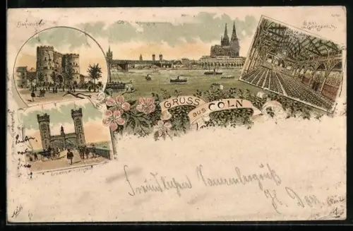 Lithographie Köln, Dom, Eisenbahnbrücke, Hahnentor, Saal im Gürzenich