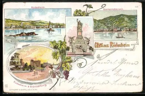 Lithographie Rüdesheim, Brömserburg, Niederwalddenkmal, Rheinansicht