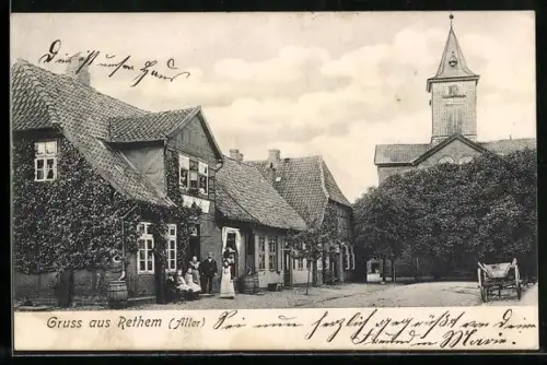 AK Rethem /Aller, Historische Ortsansicht mit Kirche und Fachwerkhäusern