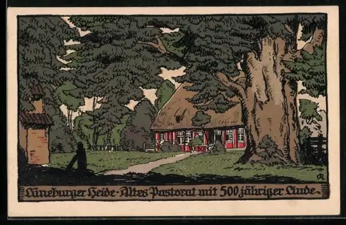 Steindruck-AK Bispingen /Lüneburger Heide, Altes Pastorat, 500-jährige Linde