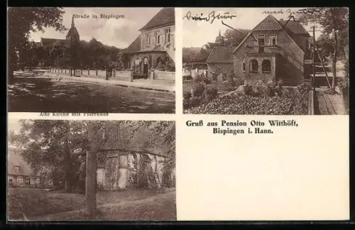 AK Bispingen i. Hann., Strasse, Alte Kirche mit Pfarrhaus, Pension Otto Witthöft