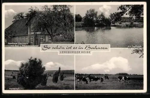 AK Bahnsen /Lüneburger Heide, Gasthaus Dehrmann, Dorfteich, Heideidyll, Viehweide
