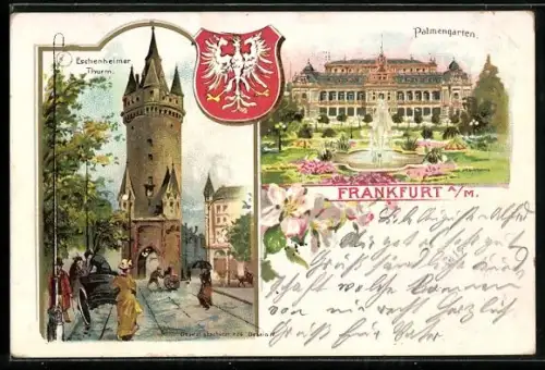 Lithographie Frankfurt a. M., Eschenheimer Turm, Palmengarten