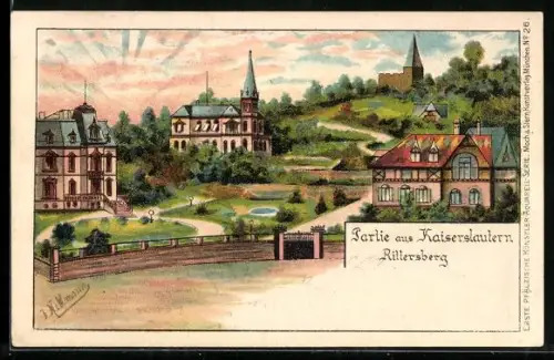 Lithographie Kaiserslautern, Rittersberg, Villen, Kirche, Parkanlage