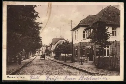 AK Munster i. Hann., Strassenansicht mit Wohnhäusern und Pferdewagen