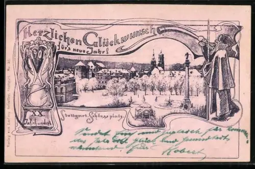Künstler-AK Stuttgart, Schlossplatz im Winter, Neujahrsgruss