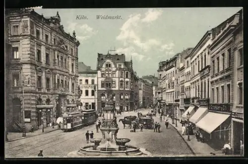 AK Köln, Weidmarkt mit Geschäften und Strassenbahn