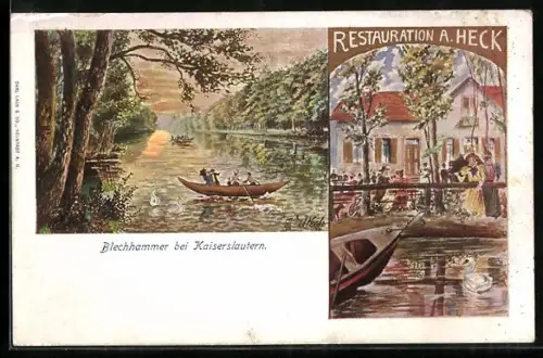 Künstler-AK Kaiserslautern, Gasthaus Blechhammer von A. Heck, Ruderidylle