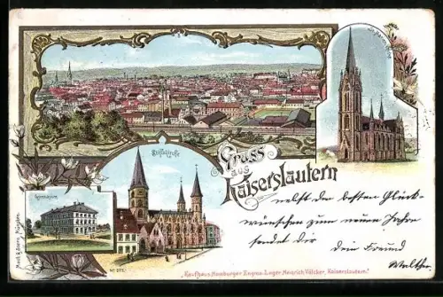 Lithographie Kaiserslautern, Totalansicht, St. Marien-Kirche, Stiftskirche, Gymnasium