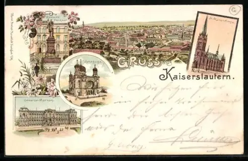 Lithographie Kaiserslautern, Bismarck-Denkmal, Synagoge, Gewerbe-Museum