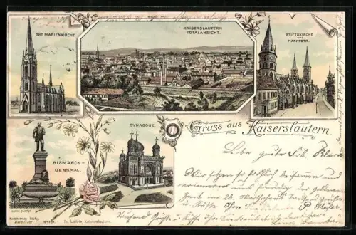 Lithographie Kaiserslautern, Stiftskirche und Marktstrasse, Synagoge, Bismarck-Denkmal