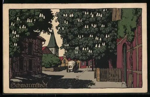 Steindruck-AK Schwarmstedt, Strasse mit Kirche