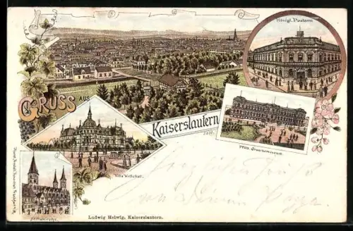 Lithographie Kaiserslautern, Pfälz. Gewerbemuseum, Königliches Postamt, Stiftskirche