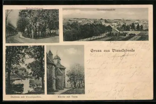 AK Visselhövede, Dubbben mit Visselquellen, Kirche mit Turm, Bahnhofstrasse
