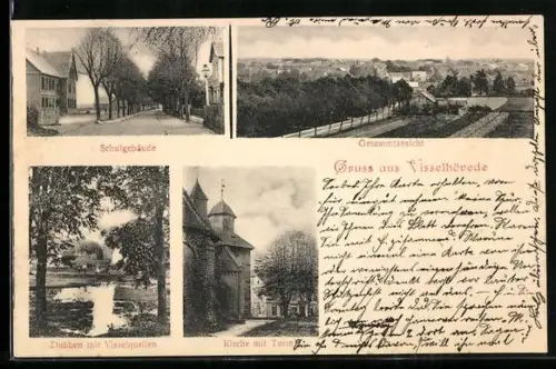 AK Visselhövede, Dubben mit Visselquellen, Kirche mit Turm, Schulgebäude