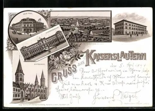 Lithographie Kaiserslautern, Neue Post, Stiftskirche, Gesamtansicht