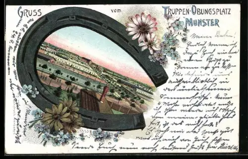 Lithographie Munster, Truppen-Übungsplatz im Hufeisen-Passepartout