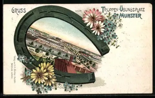 Lithographie Munster, Truppen-Übungsplatz, Hufeisen mit Blumen