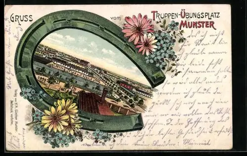 Lithographie Munster, Truppen-Übungsplatz, Hufeisen-Passepartout