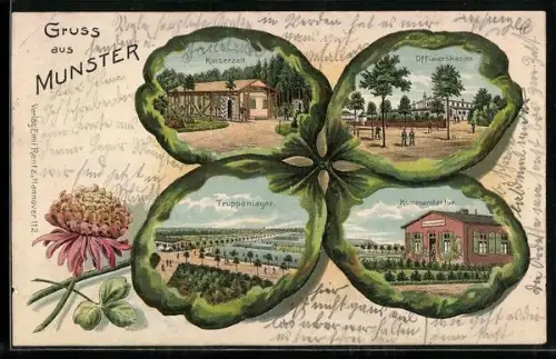 Lithographie Munster, Kaiserzelt, Truppenlager, Kommandantur, Kleeblatt-Passepartout