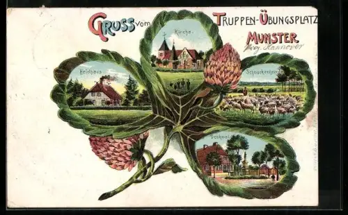Lithographie Munster bei Hannover, Truppen-Übungsplatz, Kirche, Heidehaus, Kleeblatt-Passepartout