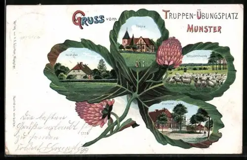 Lithographie Munster, Truppen-Übungsplatz, Kirche, Heidhaus, Kleeblatt-Passepartout