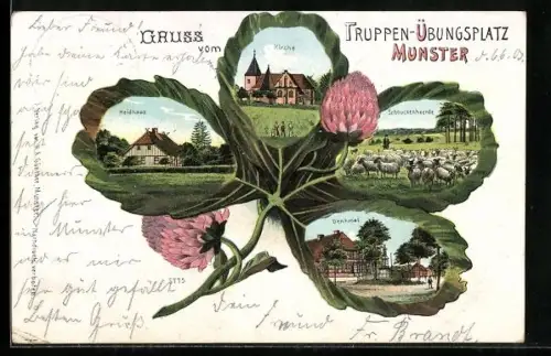 Lithographie Munster, Truppen-Übungsplatz, Kirche, Denkmal, Kleeblatt