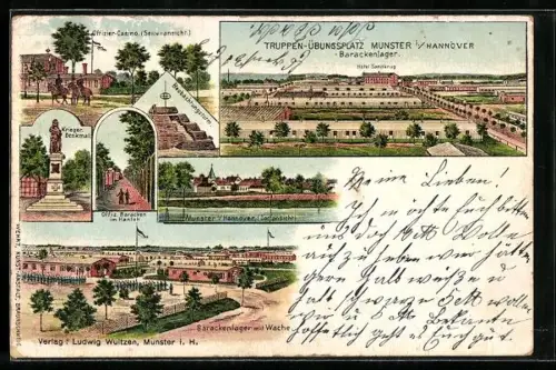 Lithographie Munster /i Hannover, Truppen-Übungsplatz, Barackenlager, Krieger-Denkmal