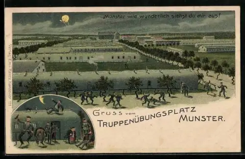 Lithographie Munster, Truppenübungsplatz Munster, Betrunkene Soldaten