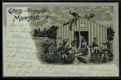 Mondschein-Lithographie Munster, Übungsplatz, Betrunkene Soldaten