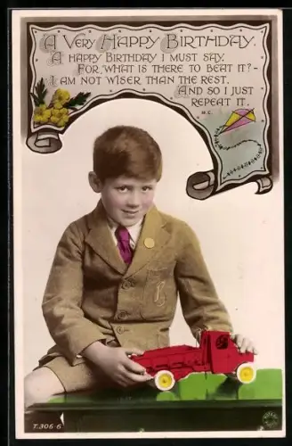 AK Junges Kind mit einem roten Spielzeuglastwagen