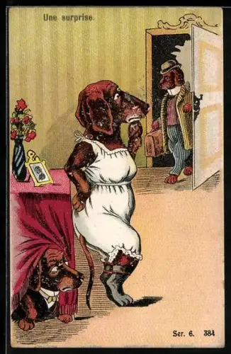 AK Vermenschlichte Dackelfrau im Nachtgewand wird von ihrem Mann überrascht, während ihr Liebhaber sich versteckt
