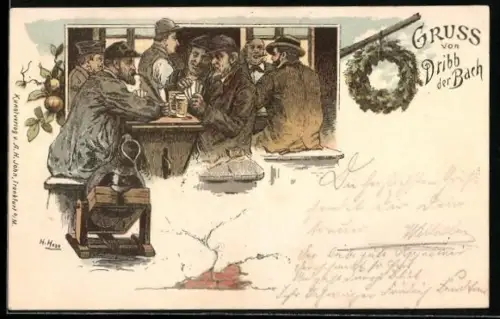 Lithographie Frankfurt-Sachsenhausen, Herren im Gasthaus Dribb der Bach