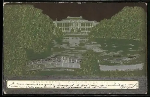 AK Frankfurt a. M., Partie im Zoologischen Garten mit Grünanlagen und See