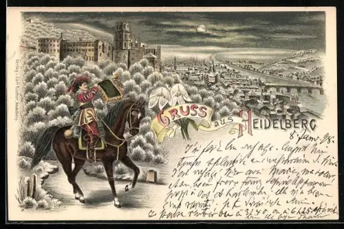 Winter-Lithographie Heidelberg, Teilansicht, Trompeter von Säckingen
