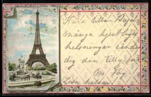 Vorläufer-Lithographie Paris, 1890, La Tour Eiffel, Eiffelturm im Blumenrahmen
