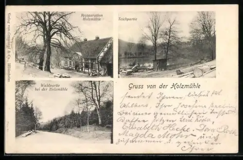 AK Holzmühle, Restauration Holzmühle, Waldpartie und Teichpartie