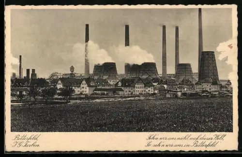 AK Bitterfeld, Fabrikgelände der I.G. Farben mit Schornsteinen und Abzugstürmen