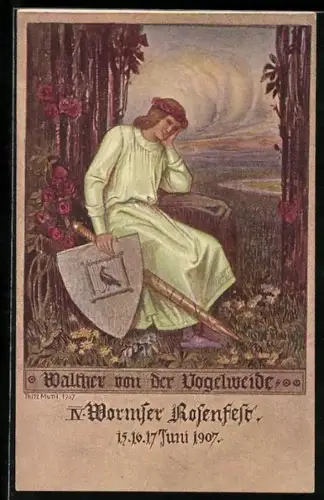 Künstler-AK Worms, Walther von der Vogelweide mit Schwert und Schild, Wormser Rosenfest 1907