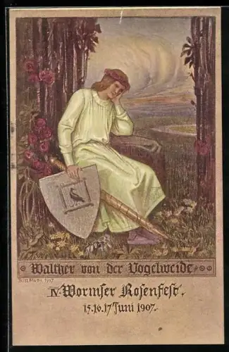 Künstler-AK Worms, Walther von der Vogelweide mit Schwert und Schild, Wormser Rosenfest 1907
